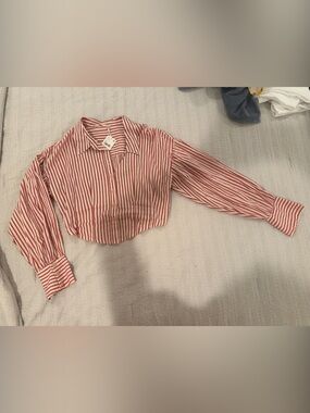 Free People Red and White Striped Button-Front Blouse